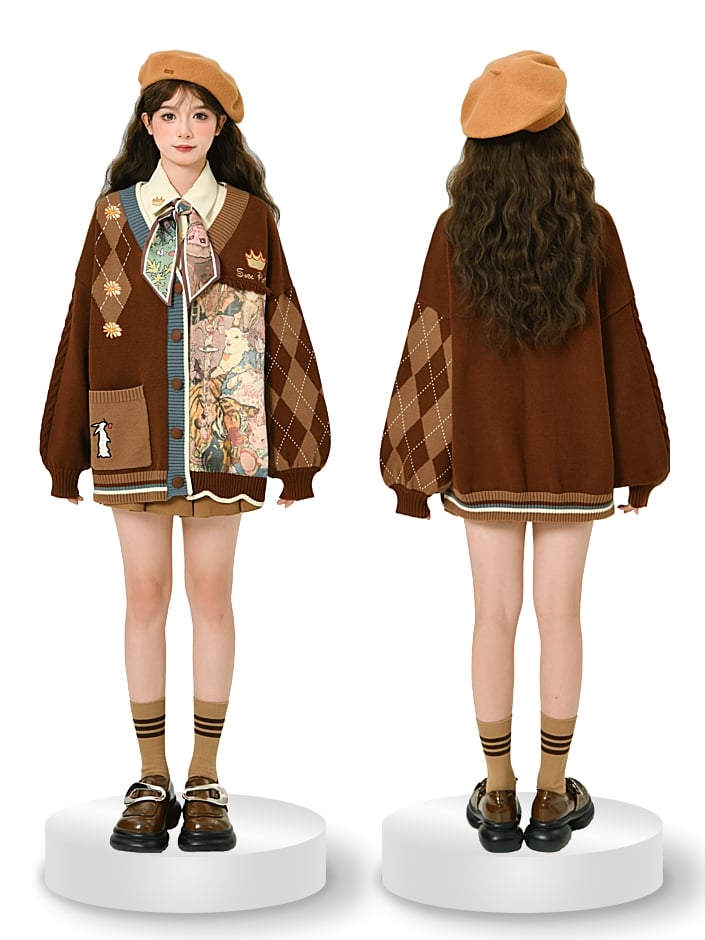 Bunny Daisies Embroidery Cardigan Brown and