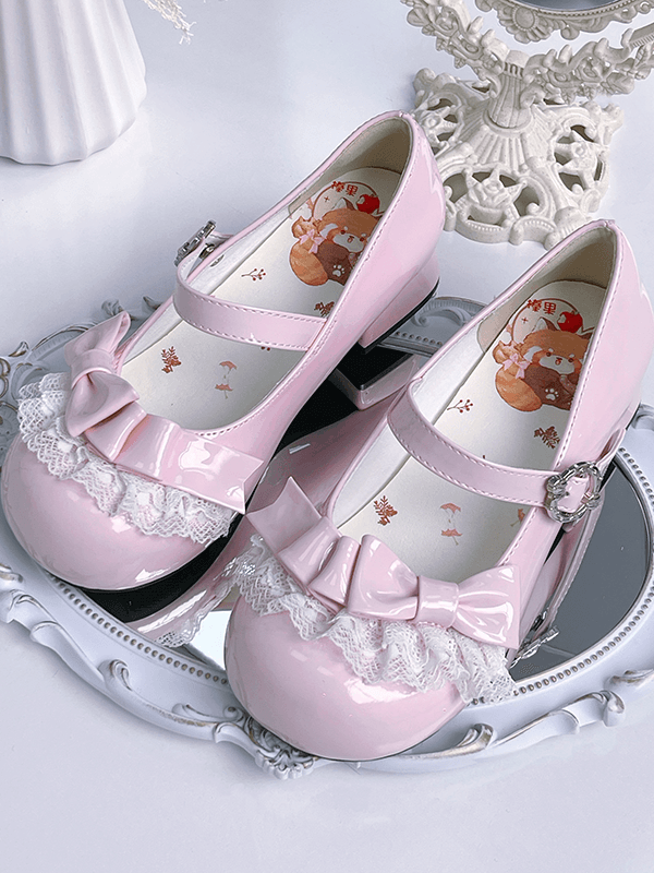 - Pink Lace Light Trim Janes Bow Mary Toe Embellishments with Sweet Round Lolita Low-heel Design