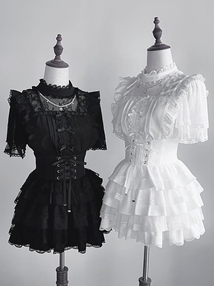 Lace-up Lace-Trimmed Kei Corset Skirt Detail Style Smocked Waist White Back Tiered Jirai
