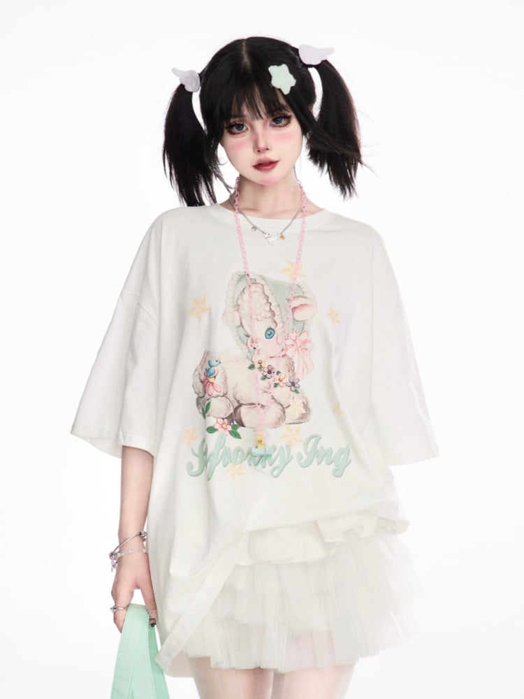 T-Shirt Loose White Round Neck Cute Deer Print