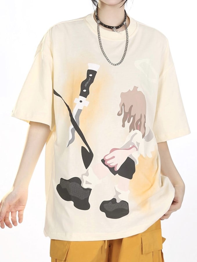 Beige Oversize Tee with Cartoon Boy Print