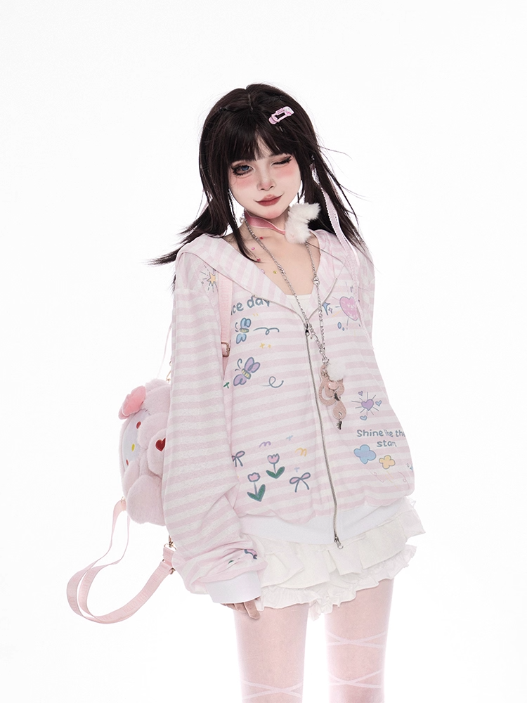 Pink Striped Hooded Jacket Closure Zip Pattern Y2K Autumn Print for