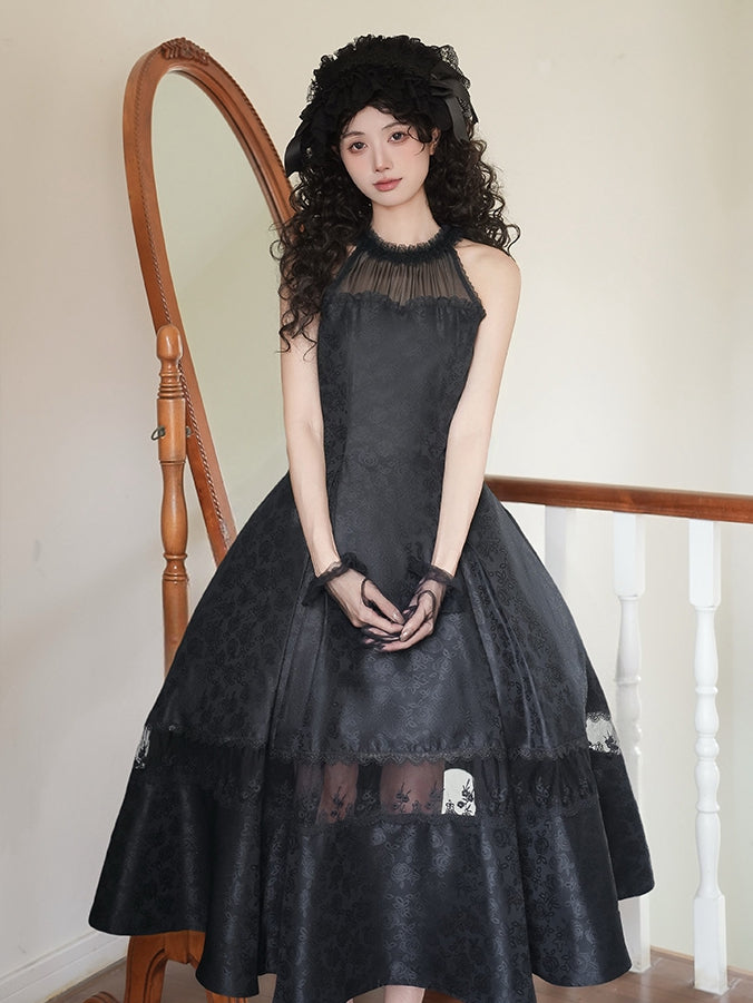Panels Illusion Rosette All Jacquard Fabric Halter Prom Black Dress Neck Lace