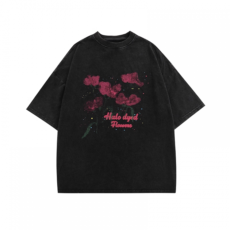Rose Print Black Faded Wash Distressed Oversize T-shirt Red