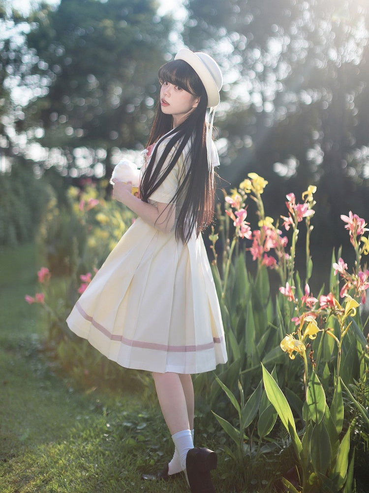 with Pleat Box Sailor Yellow Milk Waist Dress Skirt Collar Belt