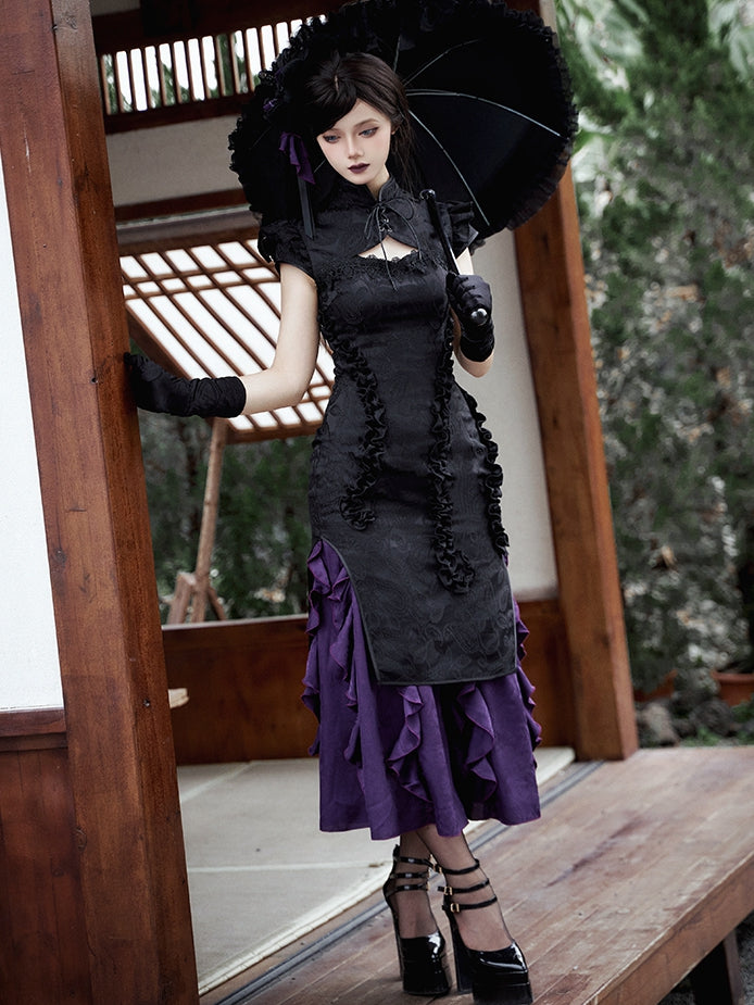 Cascading Black Vibes Qipao Trim Jacquard Purple Lolita Dress Qi Hem Cthulhu Ruffle