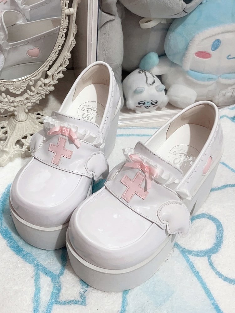 Jirai Kei Pink Yami Kawaii Plateau-Slipper mit Kreuzschleife