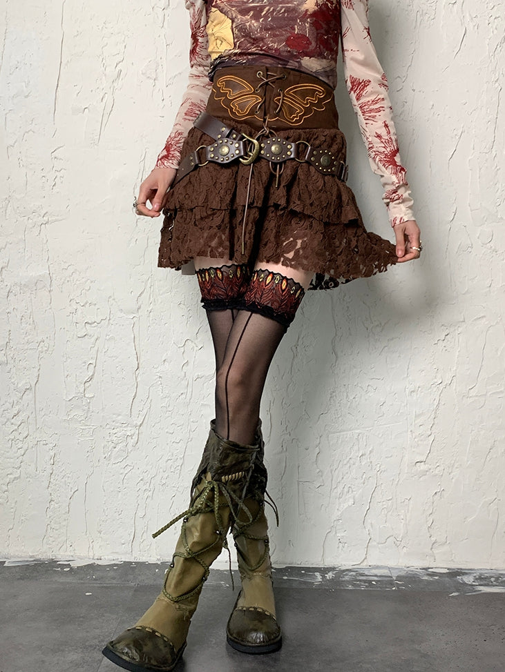 Black Peacock Trim Stockings Y2K Feather Pattern Overknee Lace