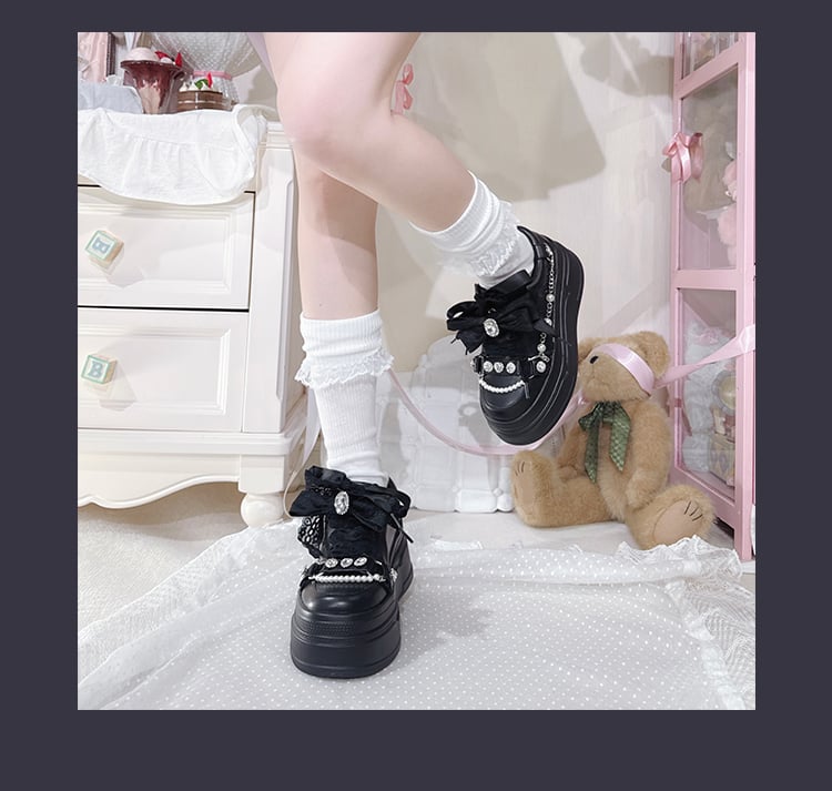 Top at Jirai Kei Black Bow Platform Sneakers with