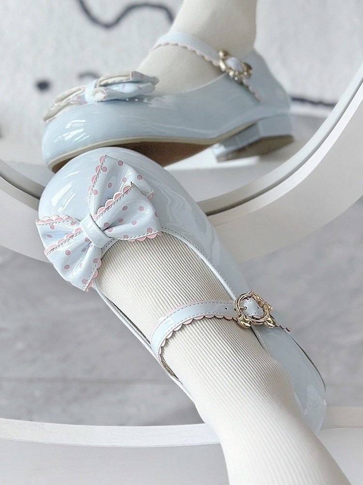 Round Lolita Bow Mary Blue in Jane Toe Polka Shoes 2.5cm Dot Bear PU Sweet with and Embellishment Buckle Charming