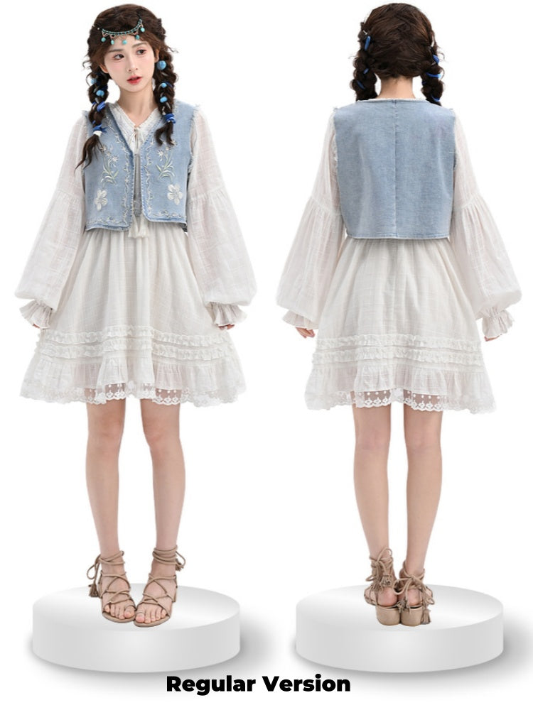 バージョン ホワイト Vネック レーストリム ドレス タッセル ドローストリングデザイン レギュラー/ロング