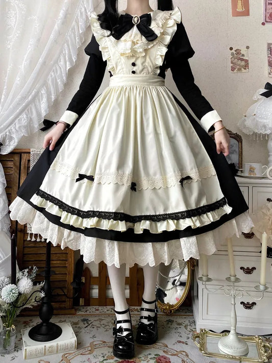 Beige Clearance-Size Piece Black Lolita and Juliette 84CM S Sleeves Maid Bust for One Apron Set +