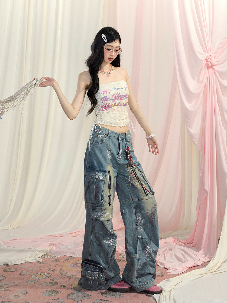 Print Glamorous Strapless Top Lace Drawstring Waist Letter Apricot