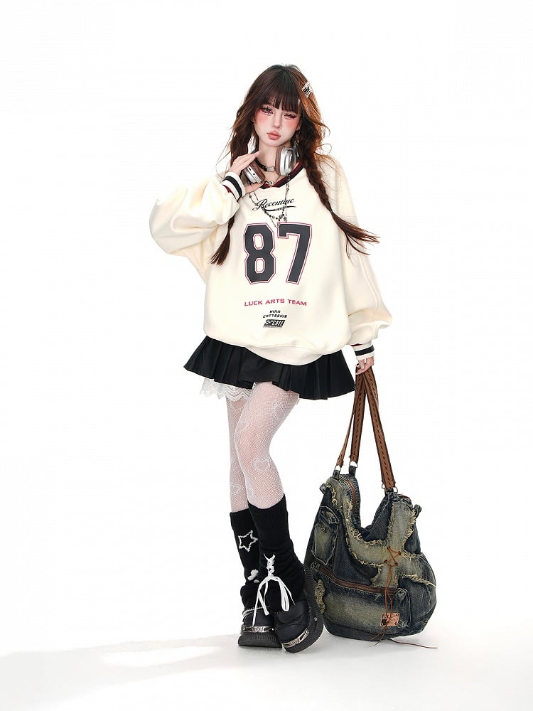 Apricot/Navy Blue V-Neck?Number Print Bittersweet Loose Sweatshirt