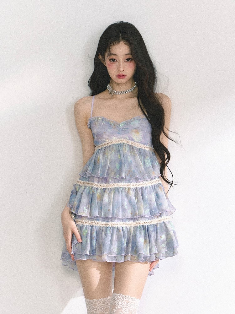 Slip Kleid Tiered Ausschnitt Rock Blau Sweetheart Ölgemälde Floral Mini