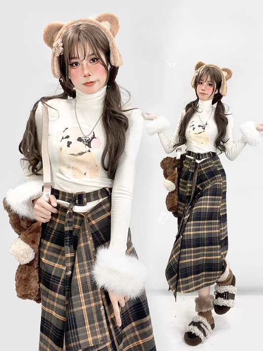 Y2K アプリコット ハイネック パピー グラマラス トップス 取り外し可能なプラッシュカフス付き