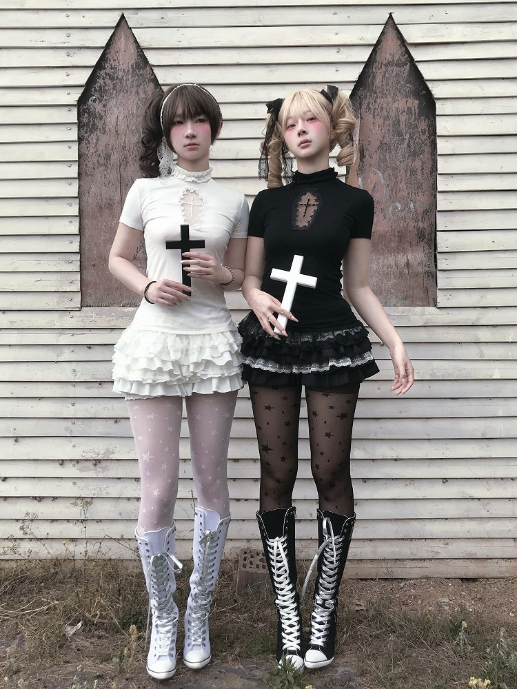 Gestufter Cross Skort Gothic Schwarz/Weiß Elastische Taille Spitzenbesatz Pumphose