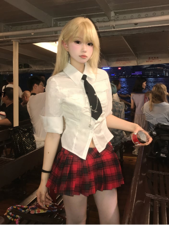 Black White Shirt/Red Skirt Pleated Style Plaid Preppy