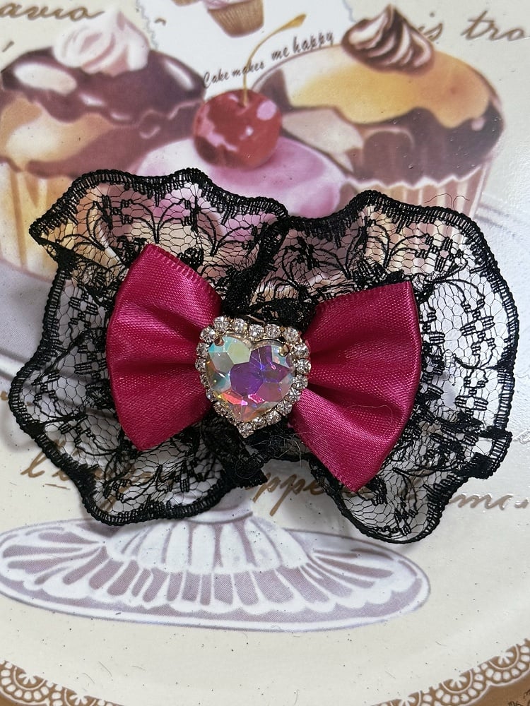 Beaded Haiclip Necklace Bowknot + Ring Lace Pendant Decorated Heart Trim BlackPink Rhinestone