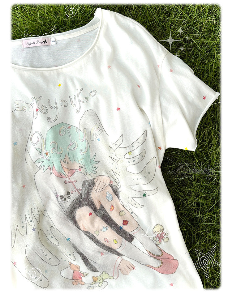 Cartoon Rundhals T-Shirt Engel Print Aprikose