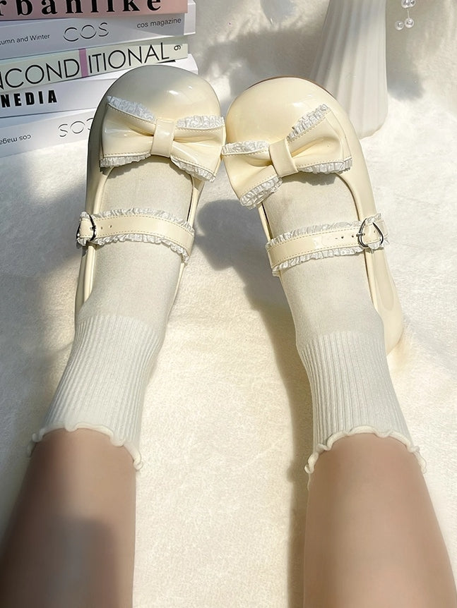 Lolita Ruffled Beige Low Toe with Detailing Sweet - Heels Round Design