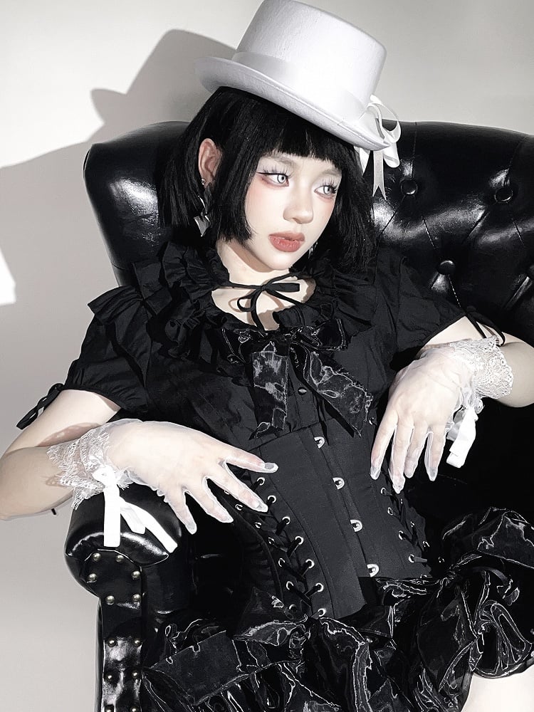 Gothic Layered Neckline Lolita Black with Waist Ruffles Blouse Elastic Smocked