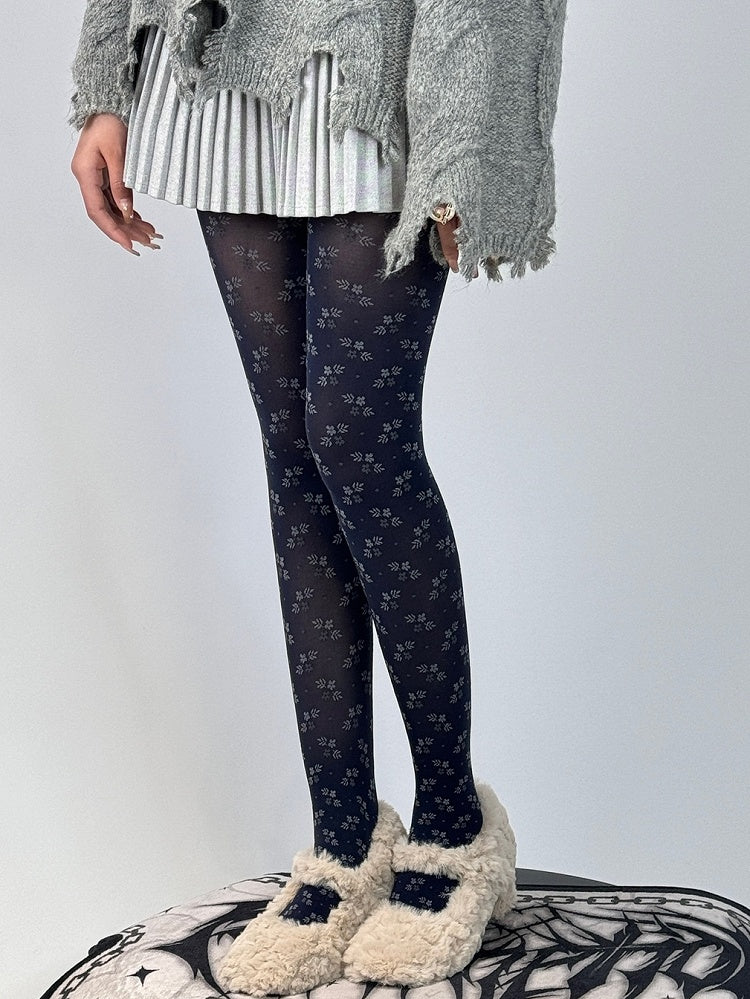 Dunkelblaue Strumpfhose mit Blumenmuster