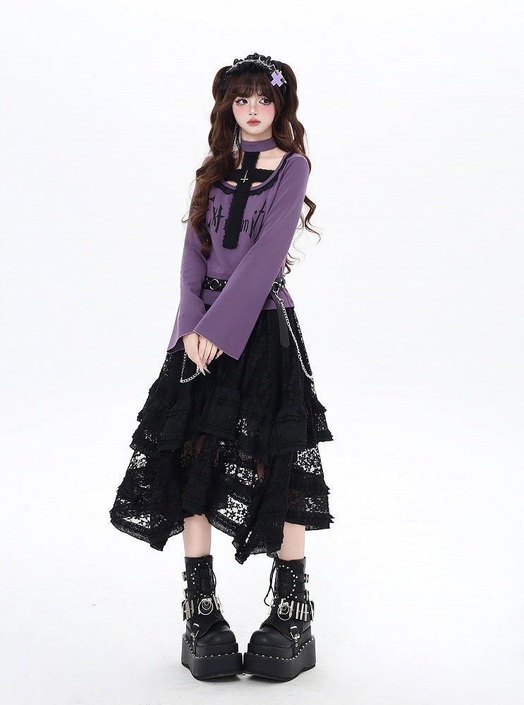Top and All-in-one Gothic Black/Purple Bell Sleeves Cross Design Choker