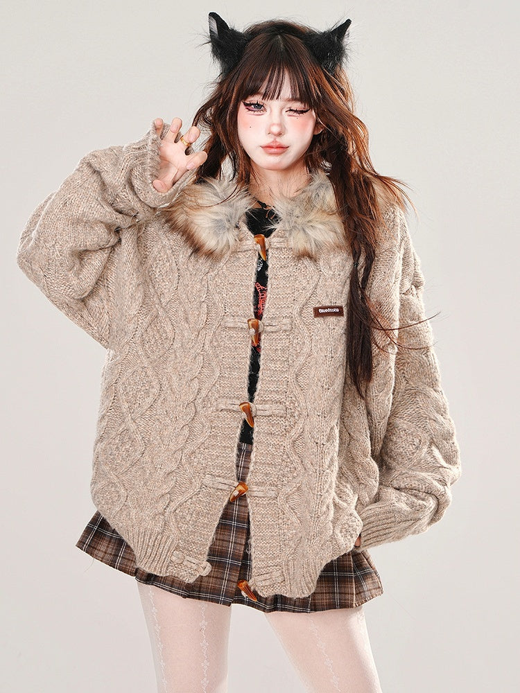 Lockere Strickjacke mit Plüschbesatz und Kapuze in Aprikose/Kaffee
