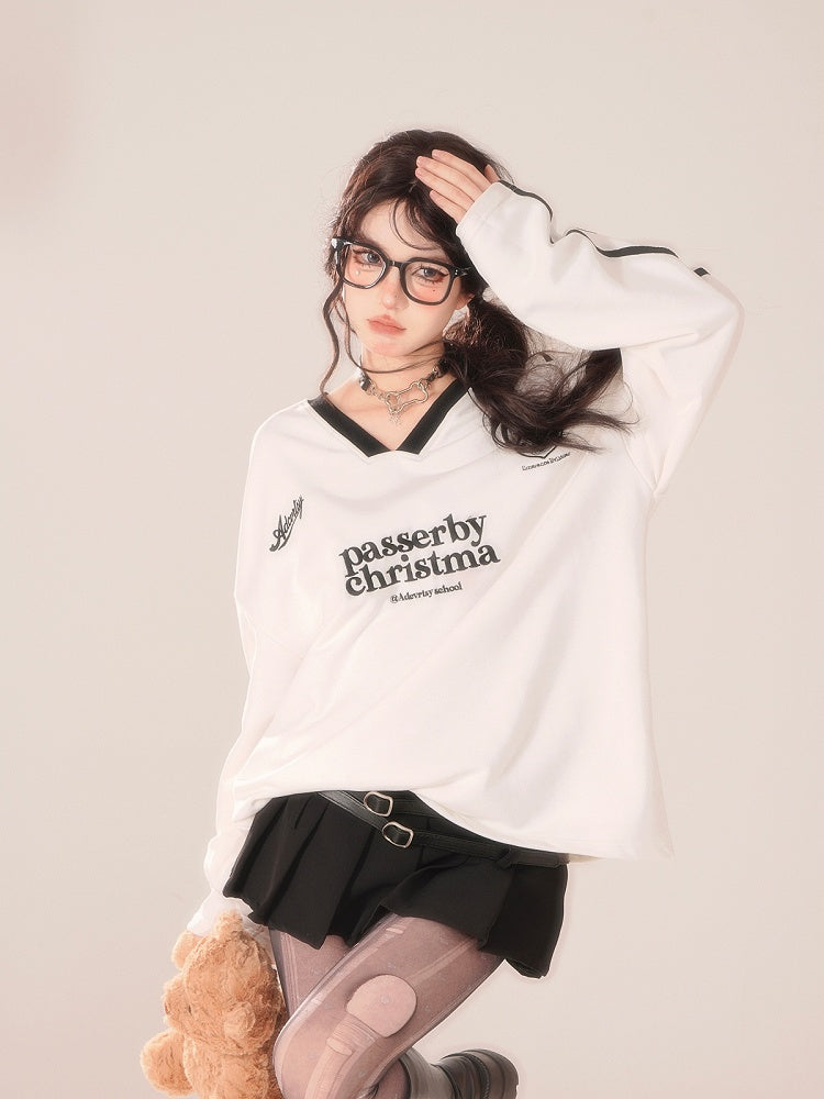 Sleeves White V-Neck Long Sleeve Preppy Top with Lettering Print and Striped