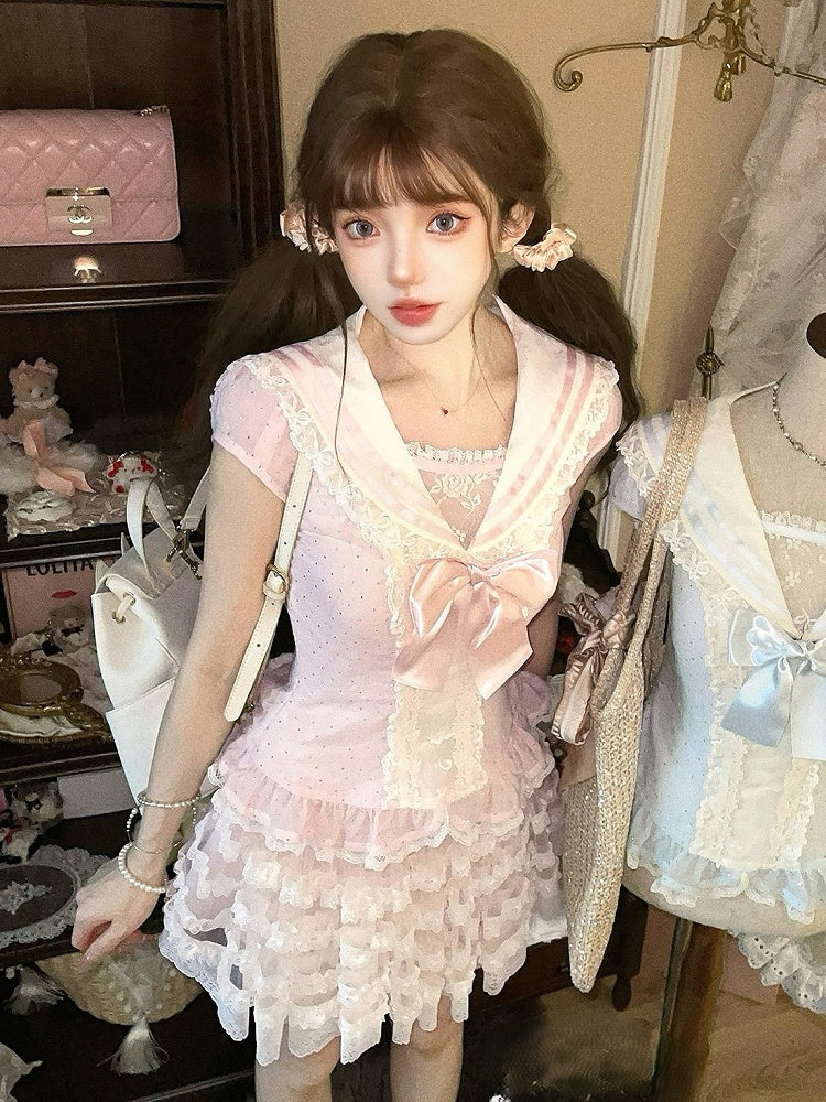 Pink Sailor Cap Collar Sleeves Chiffon Top With