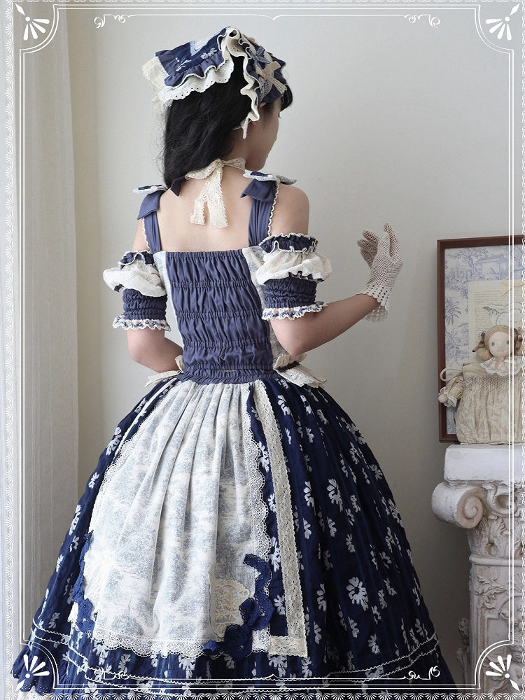 Blue Open Shoulders Cabins Corset Top + Dark Blue Floral Print Lolita Skirt
