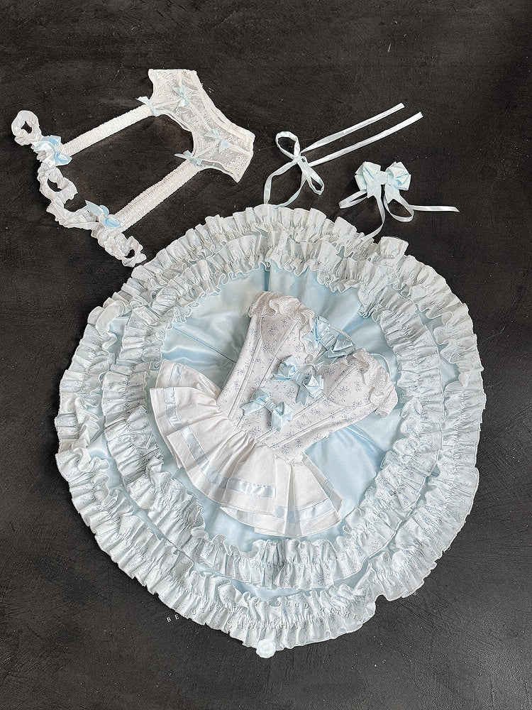 Cropped Details Bodice Floral Strapless Top + Tiered Skirt + Ful Blue Bowknot on Set Top