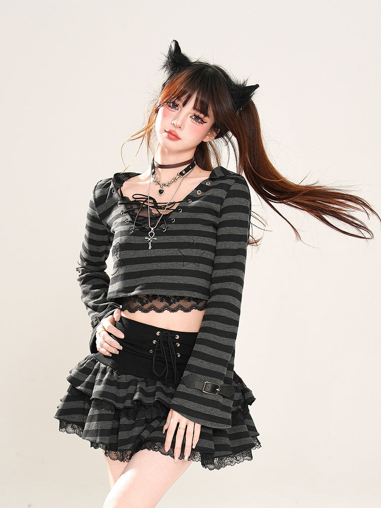 Glamorous Tiered Skirt Black Striped Lace Trim Lace-up Waist