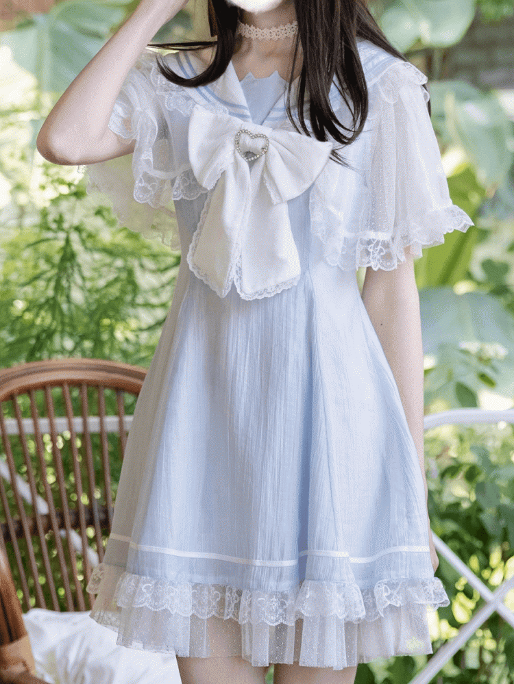 with Cape Light Blue Jirai Kei Sailor Collar Lace Dress Design Bowtie
