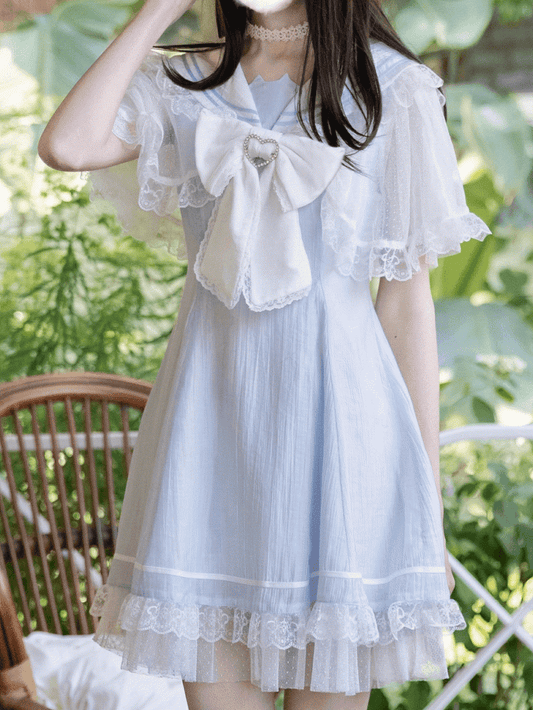 with Cape Light Blue Jirai Kei Sailor Collar Lace Dress Design Bowtie