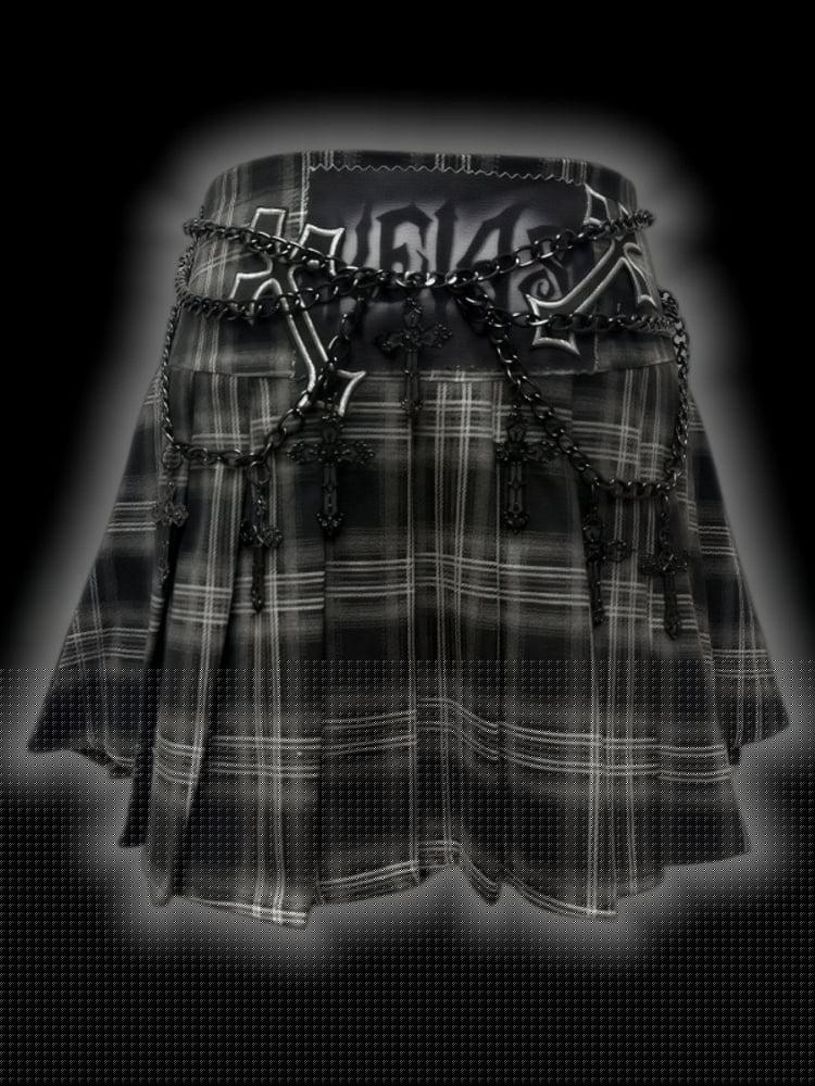 Punk Grey Cross Applique Low Waist Plaid Pleated Mini Skirt with Free Waist Chain