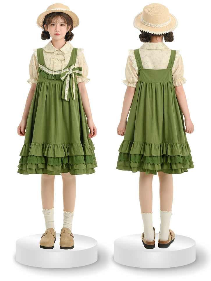 Sweet Hem Overall Dress Bowknot Ruffle with Detachable Green
