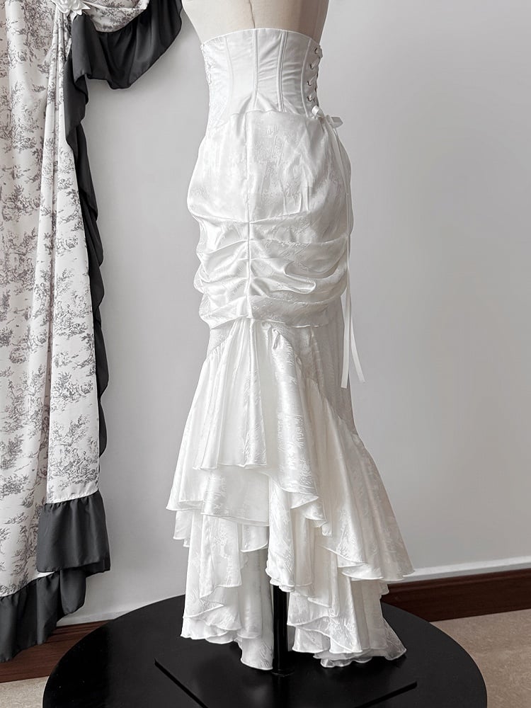 High Waist Lolita Corset Mermaid Flounce Boned Hem Skirt Gothic Asymmetrical White Cascading