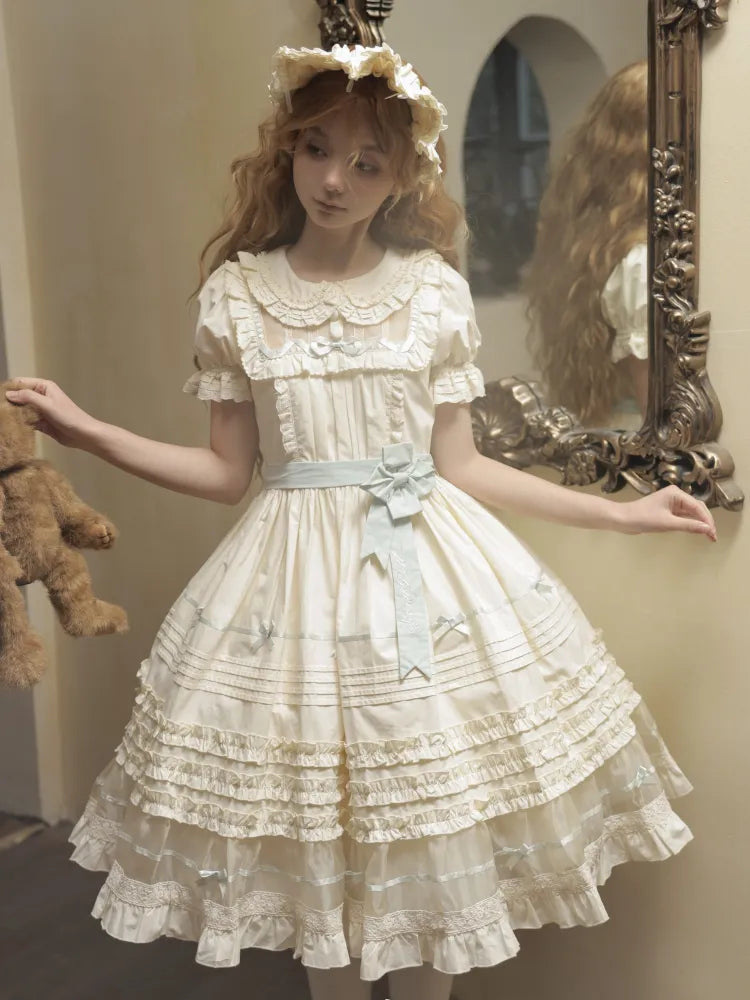 Dress Bow Collar Lolita Green Beige Cotton and Mint Pan Accents Peter