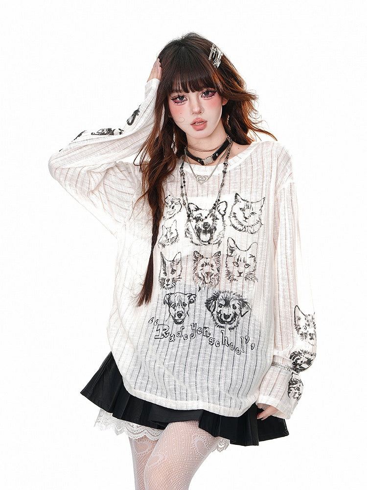 Neck Puppy Round Semi-sheer Top and Kitty Print Loose Black/Beige