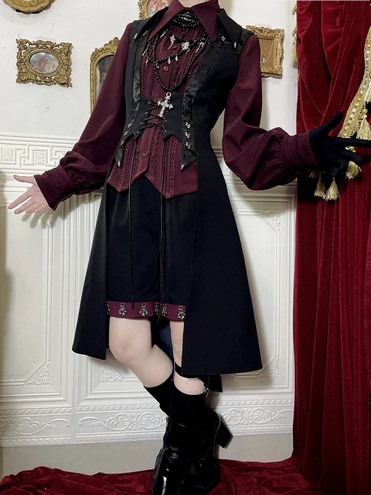 Straight-leg Shorts Black Lolita Ouji Cuffs Red