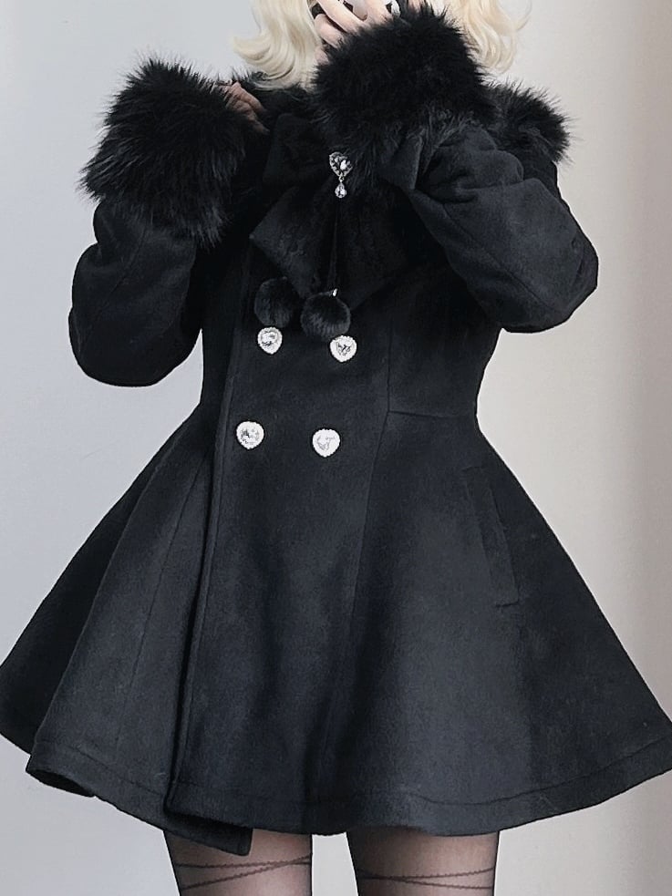 Manteau en laine noir Jirai Kei avec col et poignets amovibles en peluche, style mine terrestre, avec nœud