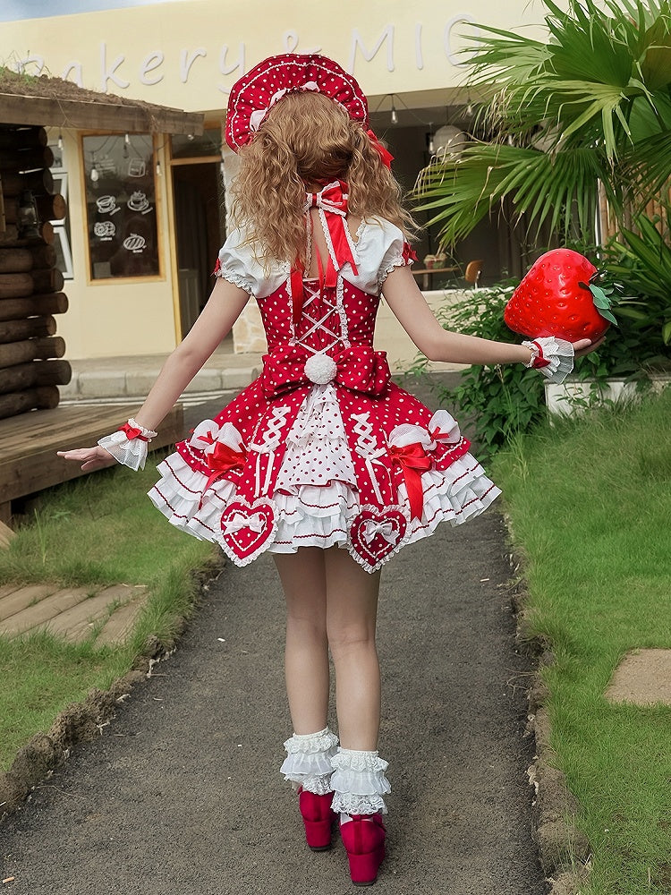 und Puffkleid mit gepunkteten Ärmeln, Schul-Polka-Lolita-Ausschnitt mit altroten Akzenten, Neckholder-Schleife