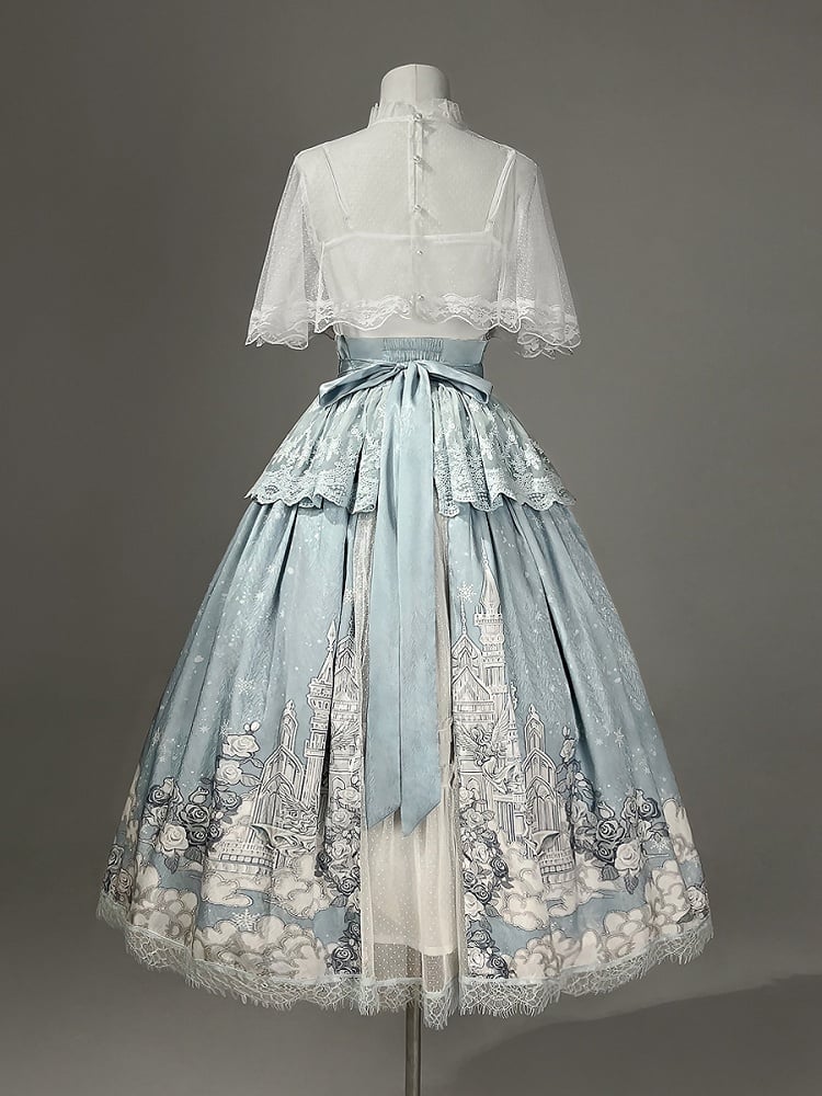White Skirt High Cape Waist Top Cami + Tulle Print Castle Blue