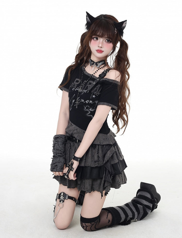 Black Asymmetrical Neckline and Buckle Hem Strap Distressed Holes Graphic T-Shirt