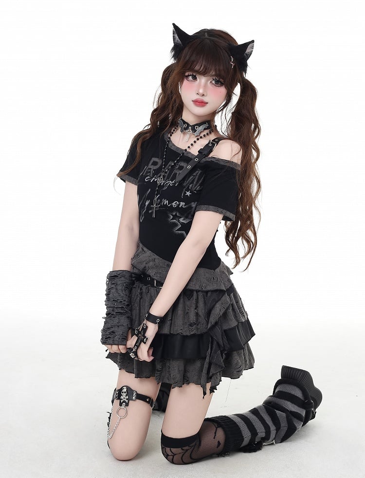 Stufenrock Grau Distressed Löcher Gefüttert