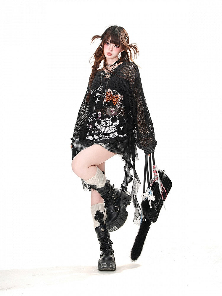 Skirt Hem Asymmetrical Mesh Patchwork Design Black Plaid Pattern Ruffled Polka-dot