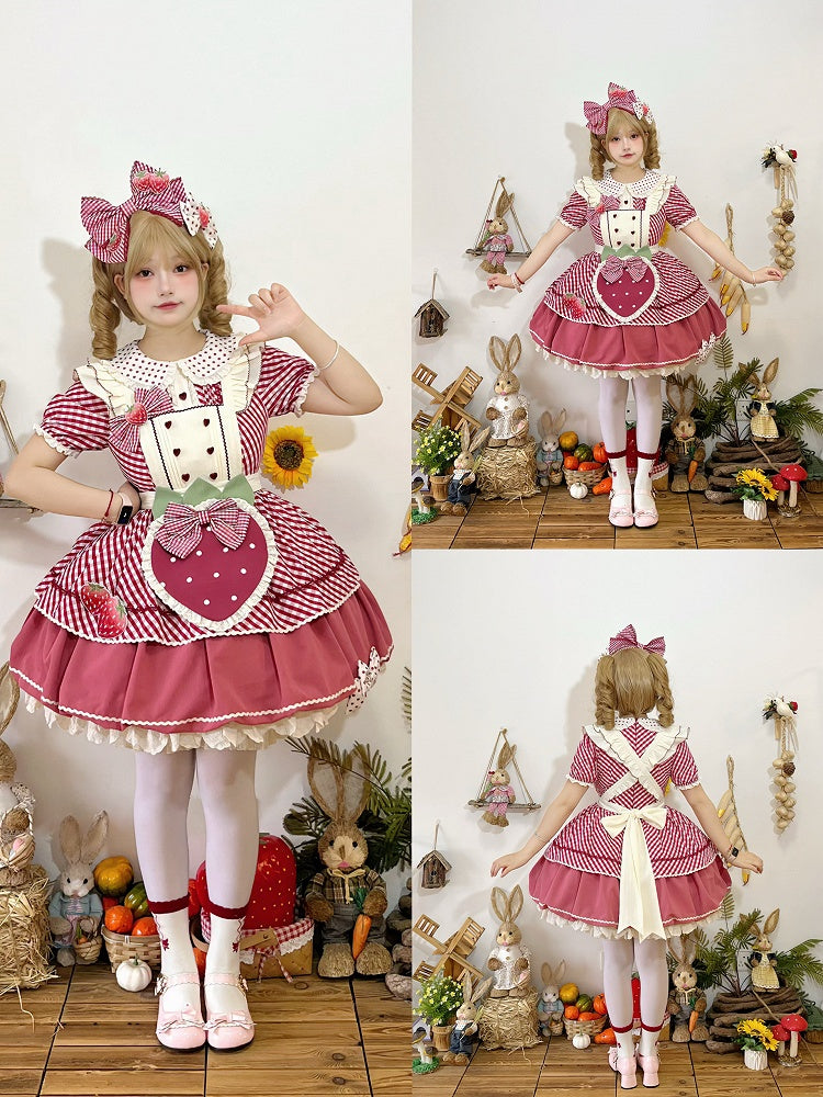Dress with Plaid Lolita Collar Peter Pattern Strawberry Pan Sweet Pink Apron