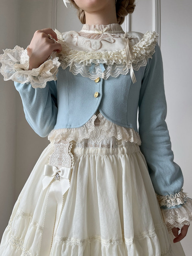 Autumn Trim Fashion Blue Accents Dusty Cropped Lolita Cardigan with Lace Bow and